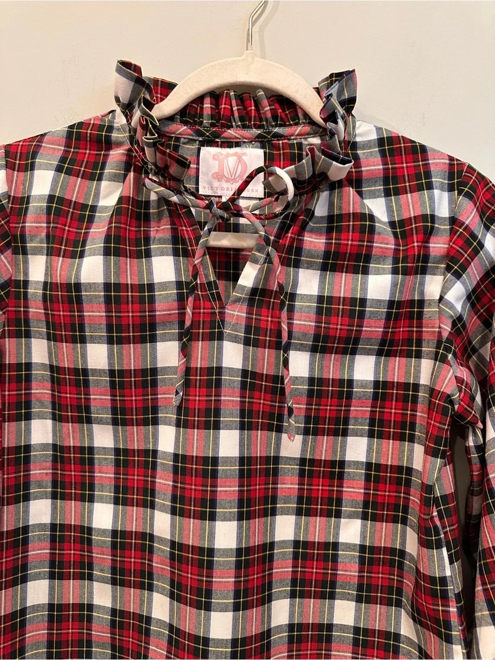 Victoria Dunn Red, White Black Plaid Ruffle Tie-Neck & Sleeve Blouse Holiday XS - Picture 7 of 12
